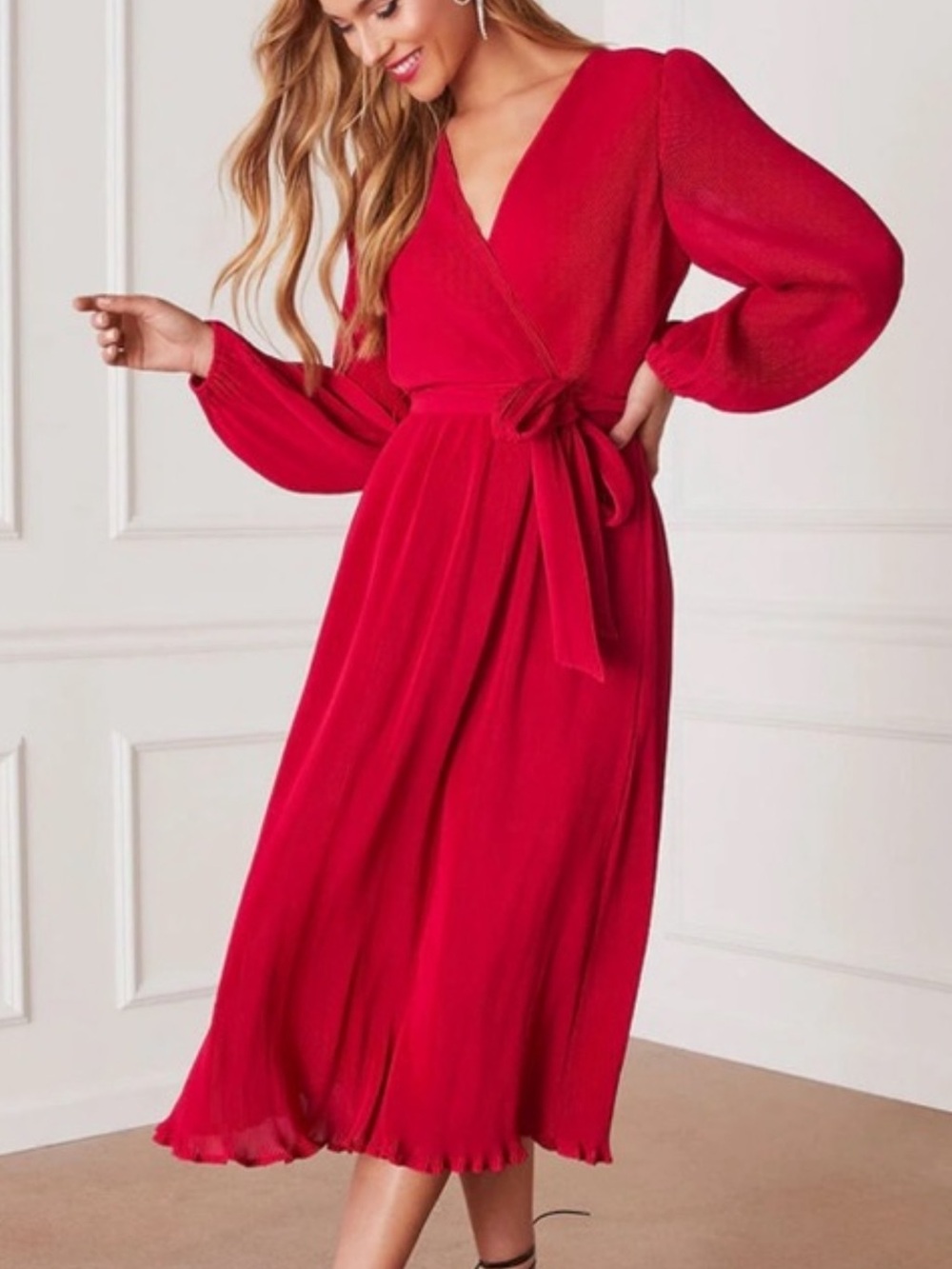 Vici Bright Red Pleated Wrap Dress with Tie Waist